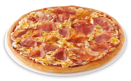 Pizza de jamón y queso recién horneada
